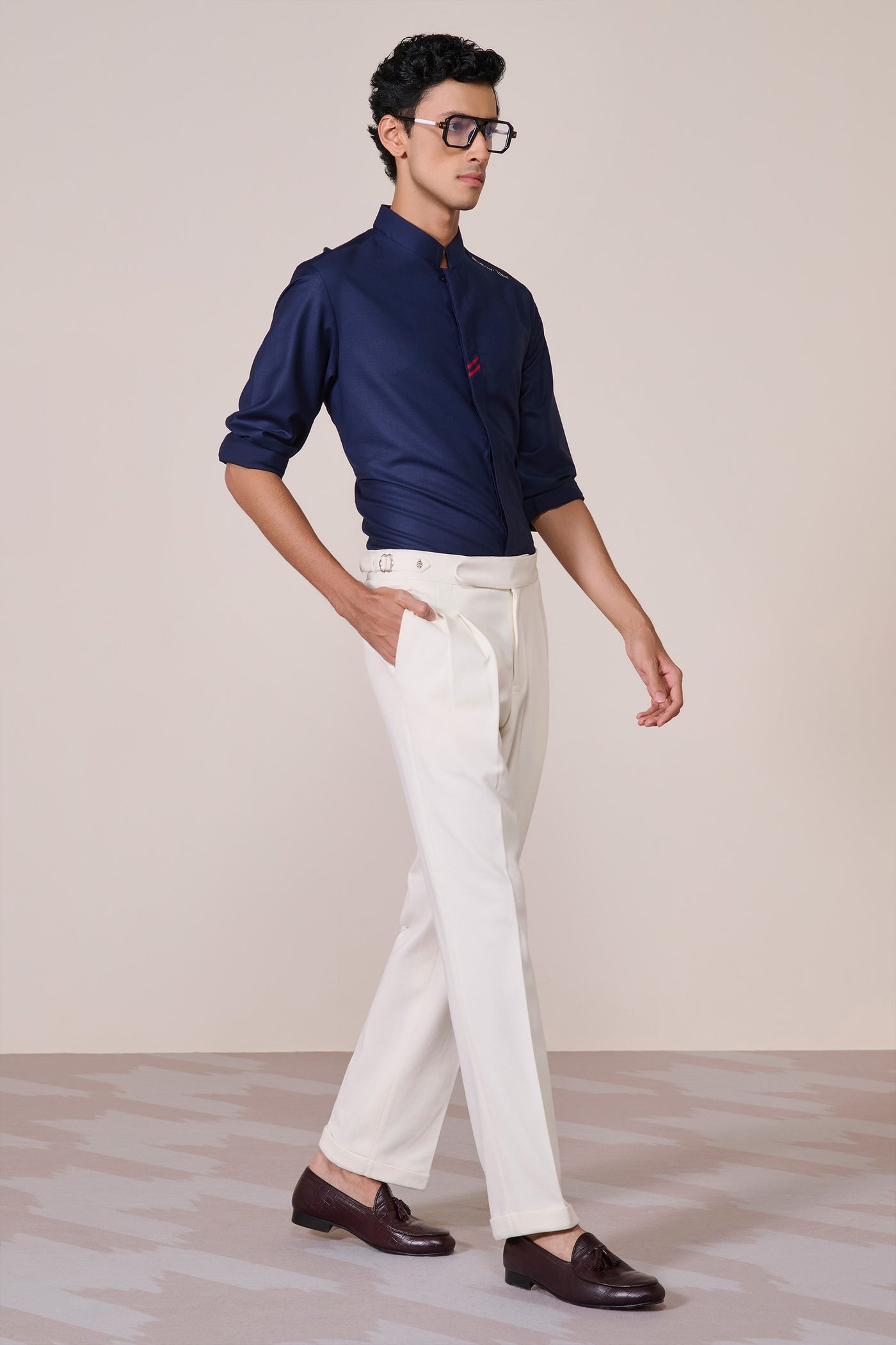 Shantanu & Nikhil Menswear Navy Band Collar Shirt indian designer wear online shopping melange singapore