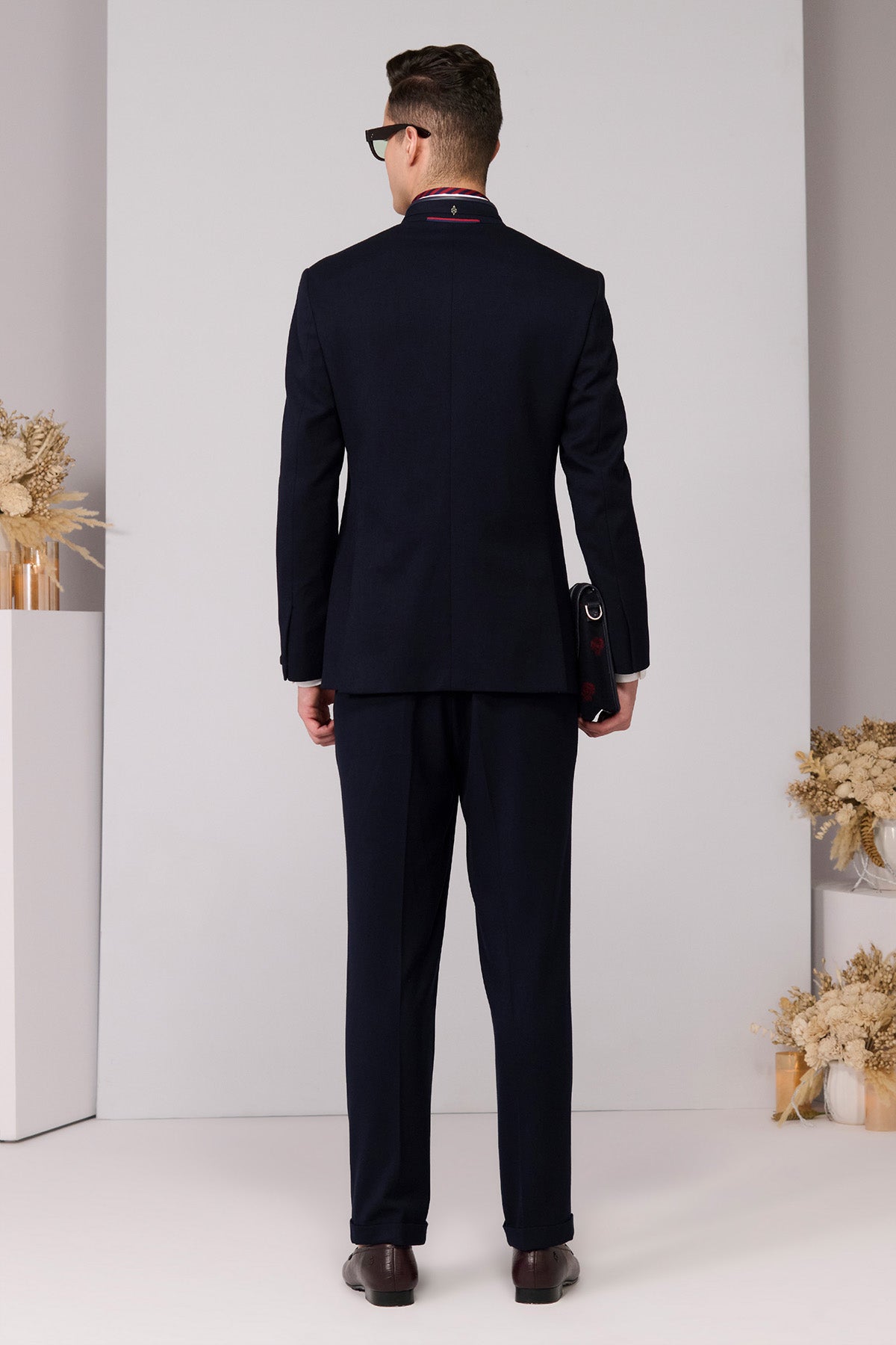Shantanu & Nikhil Menswear Navy Bandhgala with Red Thread Work indian designer wear online shopping melange singapore 