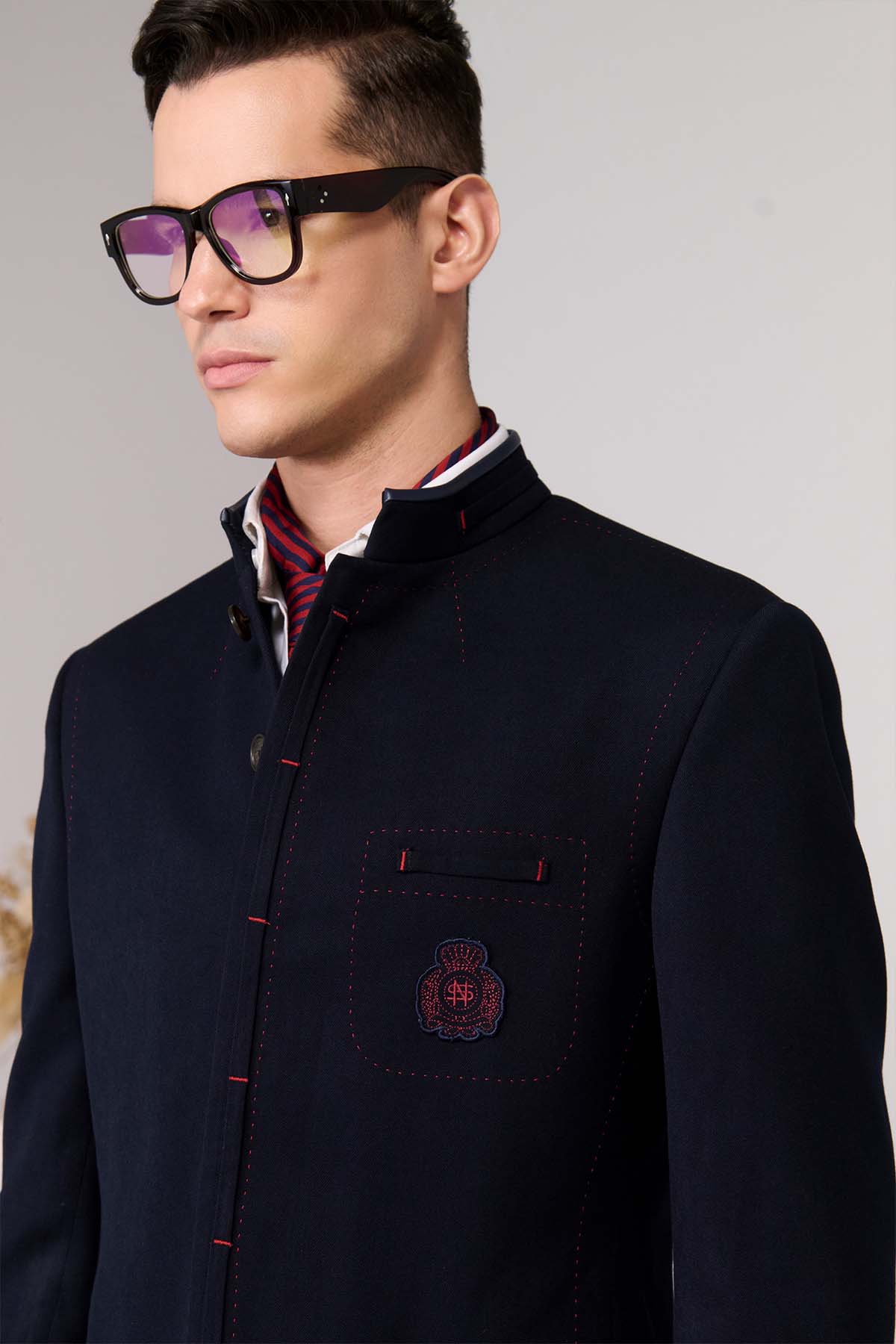 Shantanu & Nikhil Menswear Navy Bandhgala with Red Thread Work indian designer wear online shopping melange singapore 