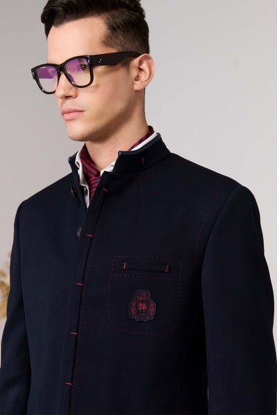 Shantanu & Nikhil Menswear Navy Bandhgala with Red Thread Work indian designer wear online shopping melange singapore 