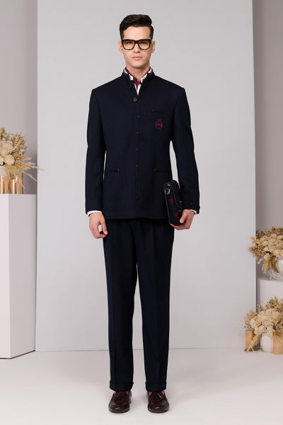 Shantanu & Nikhil Menswear Navy Bandhgala with Red Thread Work indian designer wear online shopping melange singapore 