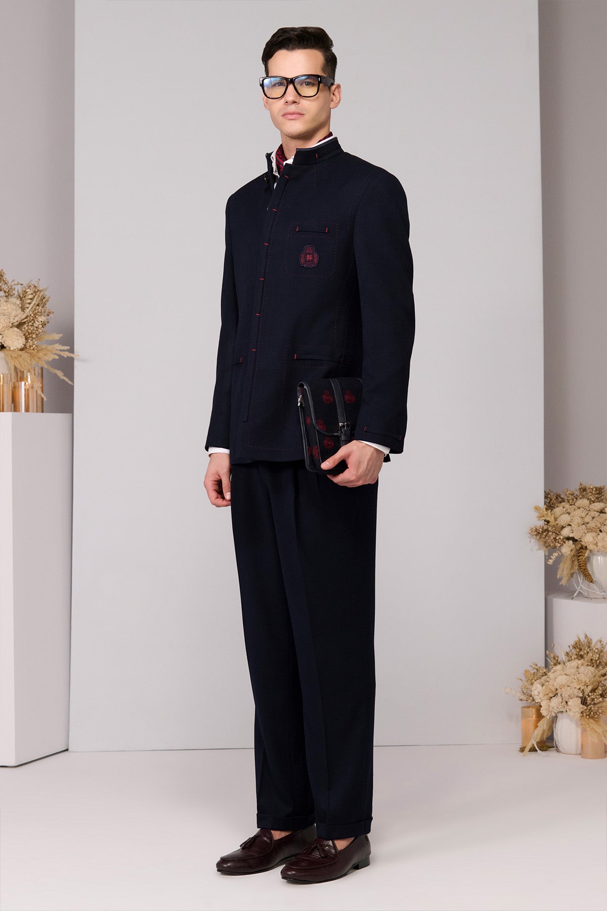 Shantanu & Nikhil Menswear Navy Bandhgala with Red Thread Work indian designer wear online shopping melange singapore 