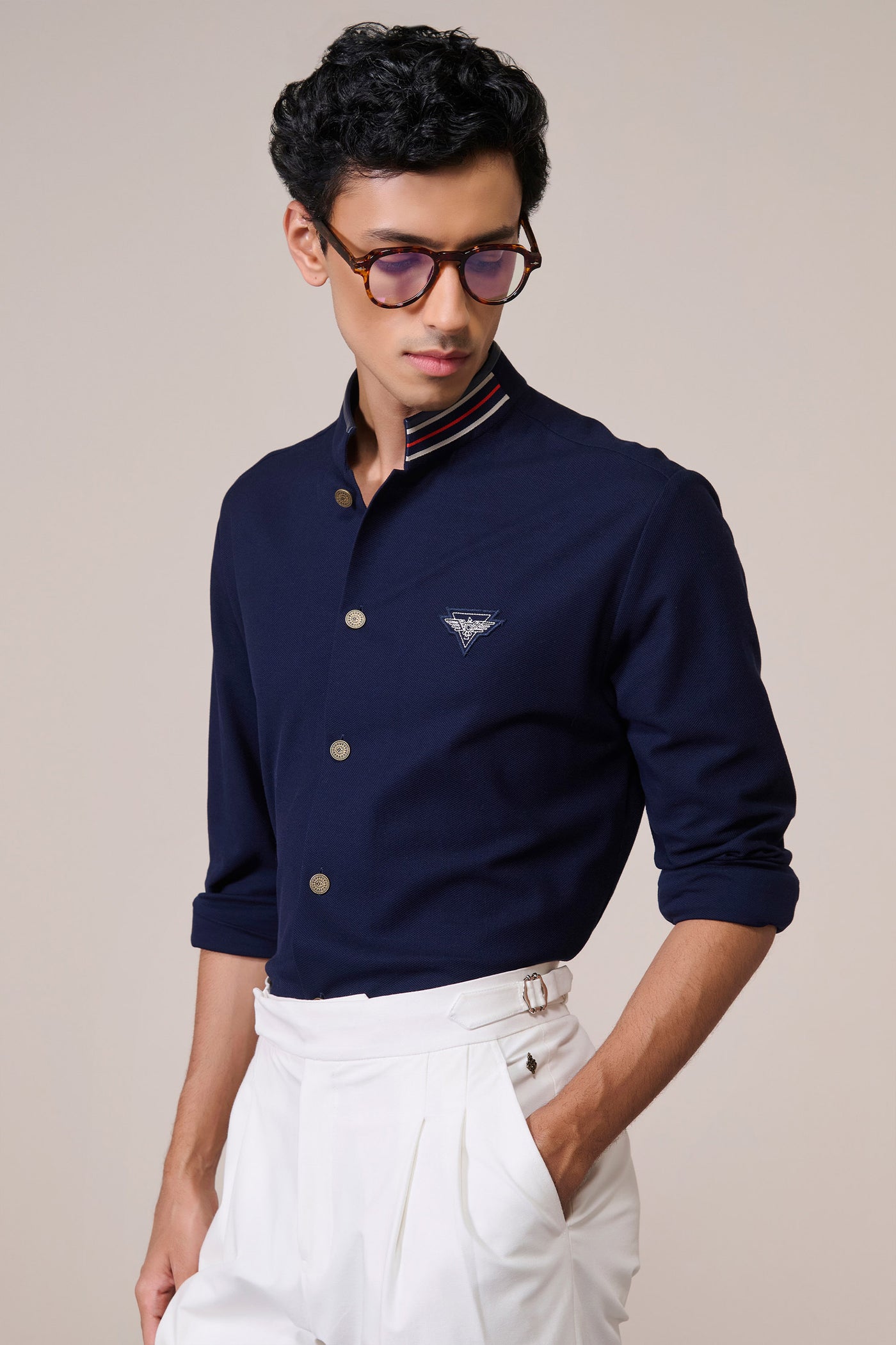 Shantanu & Nikhil Menswear Navy Cotton Crested Shirt indian designer wear online shopping melange singapore
