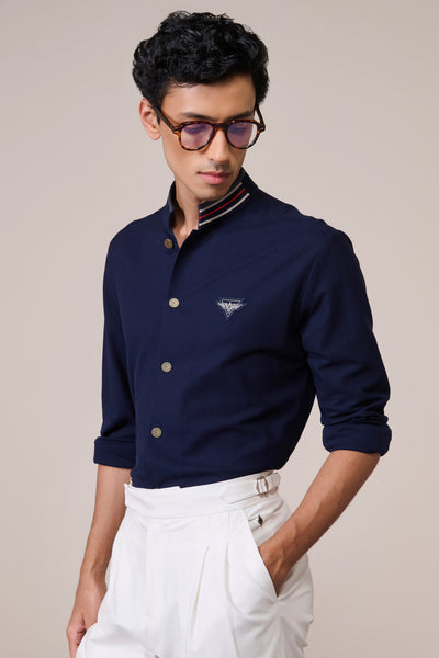 Shantanu & Nikhil Menswear Navy Cotton Crested Shirt indian designer wear online shopping melange singapore