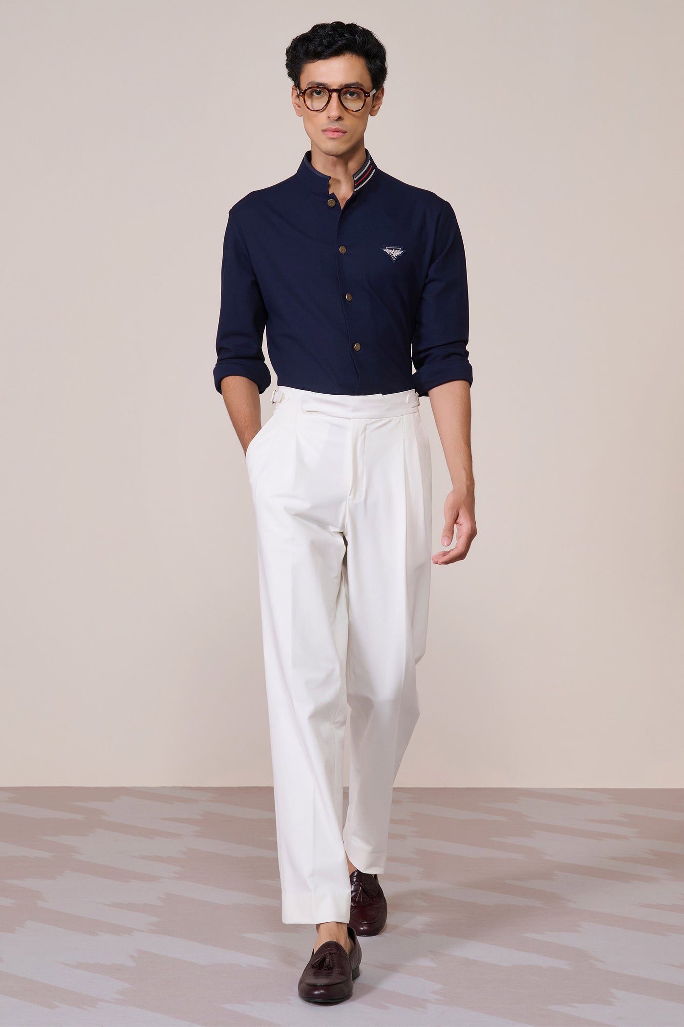 Shantanu & Nikhil Menswear Navy Cotton Crested Shirt indian designer wear online shopping melange singapore