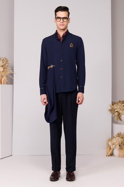 Shantanu & Nikhil Menswear Navy Drape Shirt indian designer wear online shopping melange singapore 