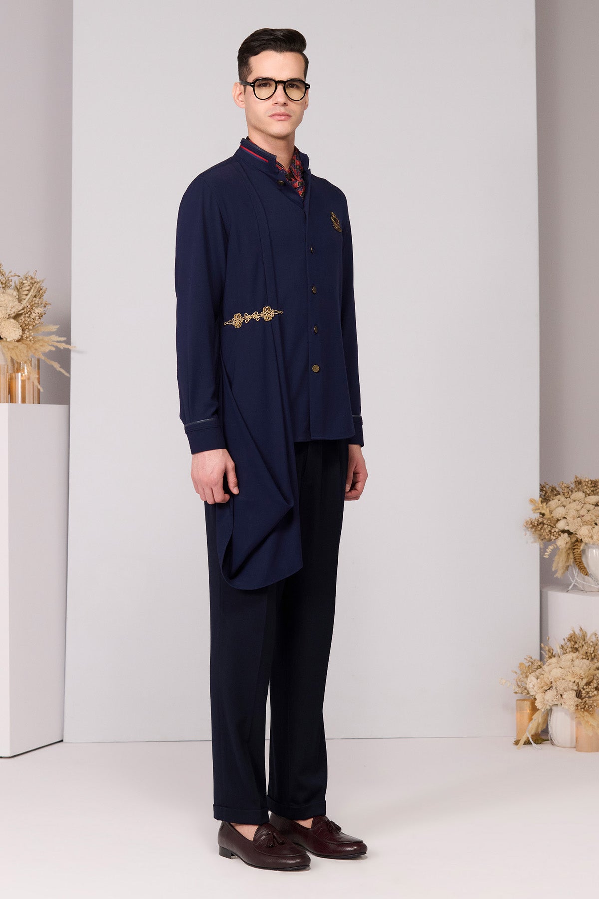 Shantanu & Nikhil Menswear Navy Drape Shirt indian designer wear online shopping melange singapore 