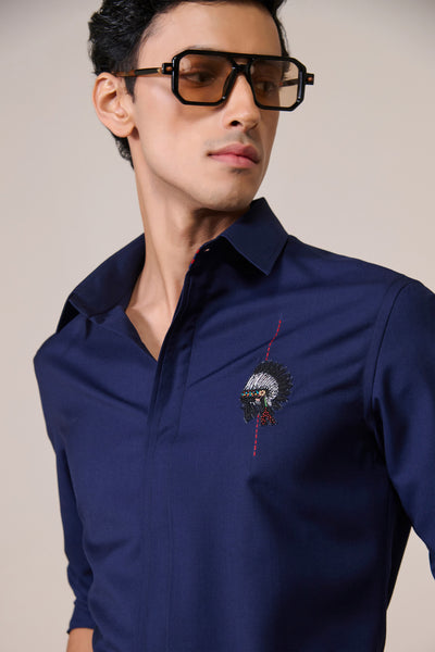 Shantanu & Nikhil Menswear Navy Eagle Embroidered Shirt indian designer wear online shopping melange singapore