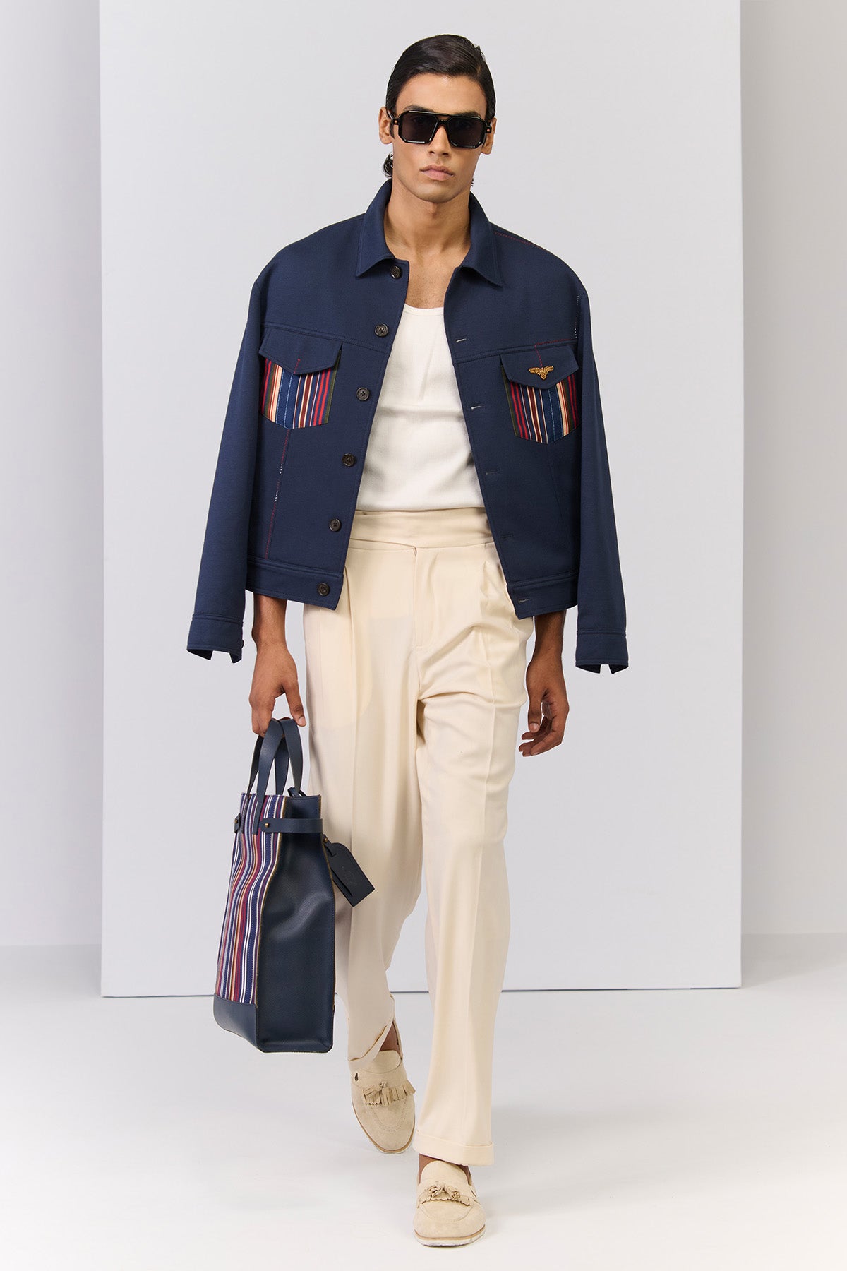 Shantanu & Nikhil Menswear Navy Layering with Printed Pocket indian designer wear online shopping melange singapore