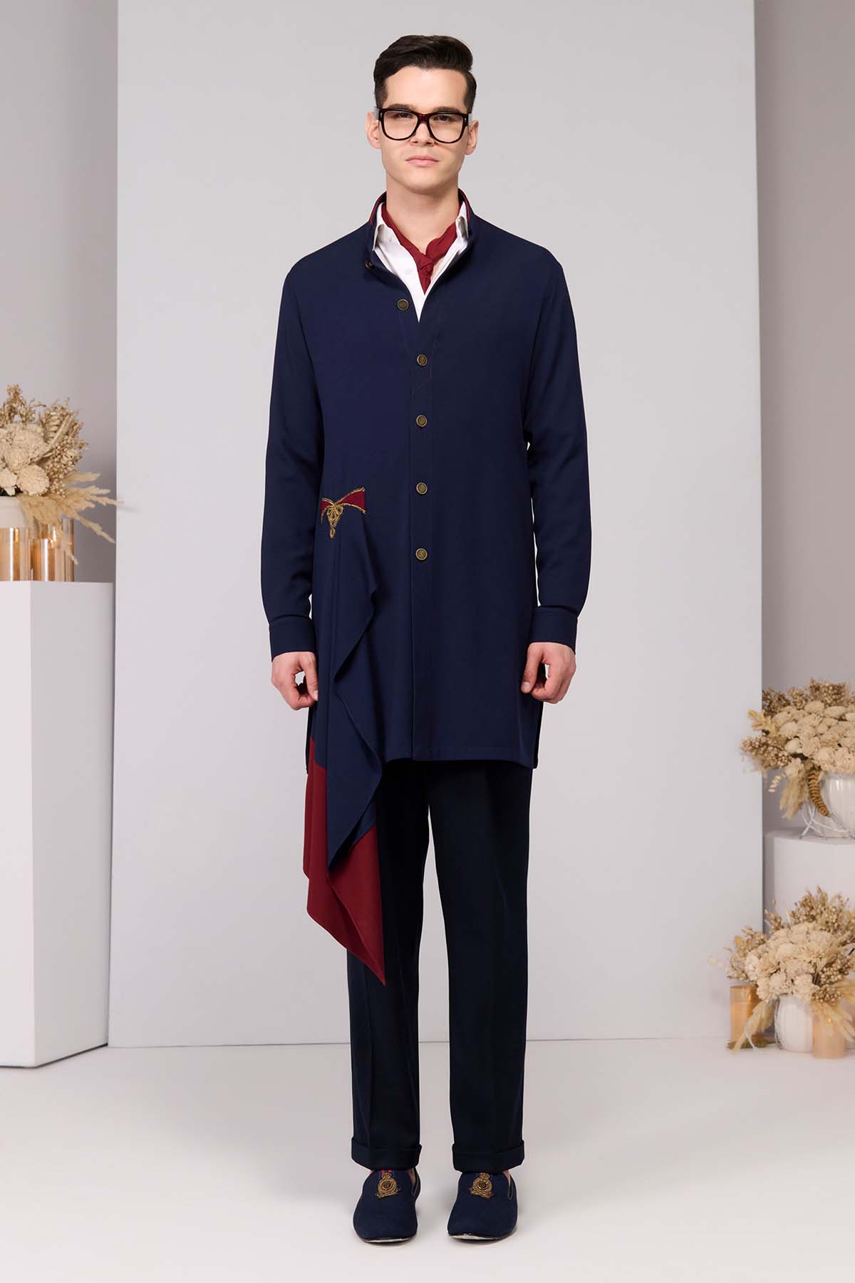 Shantanu & Nikhil Menswear Navy Neo-Draped Kurta indian designer wear online shopping melange singapore 