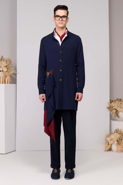 Shantanu & Nikhil Menswear Navy Neo-Draped Kurta indian designer wear online shopping melange singapore 