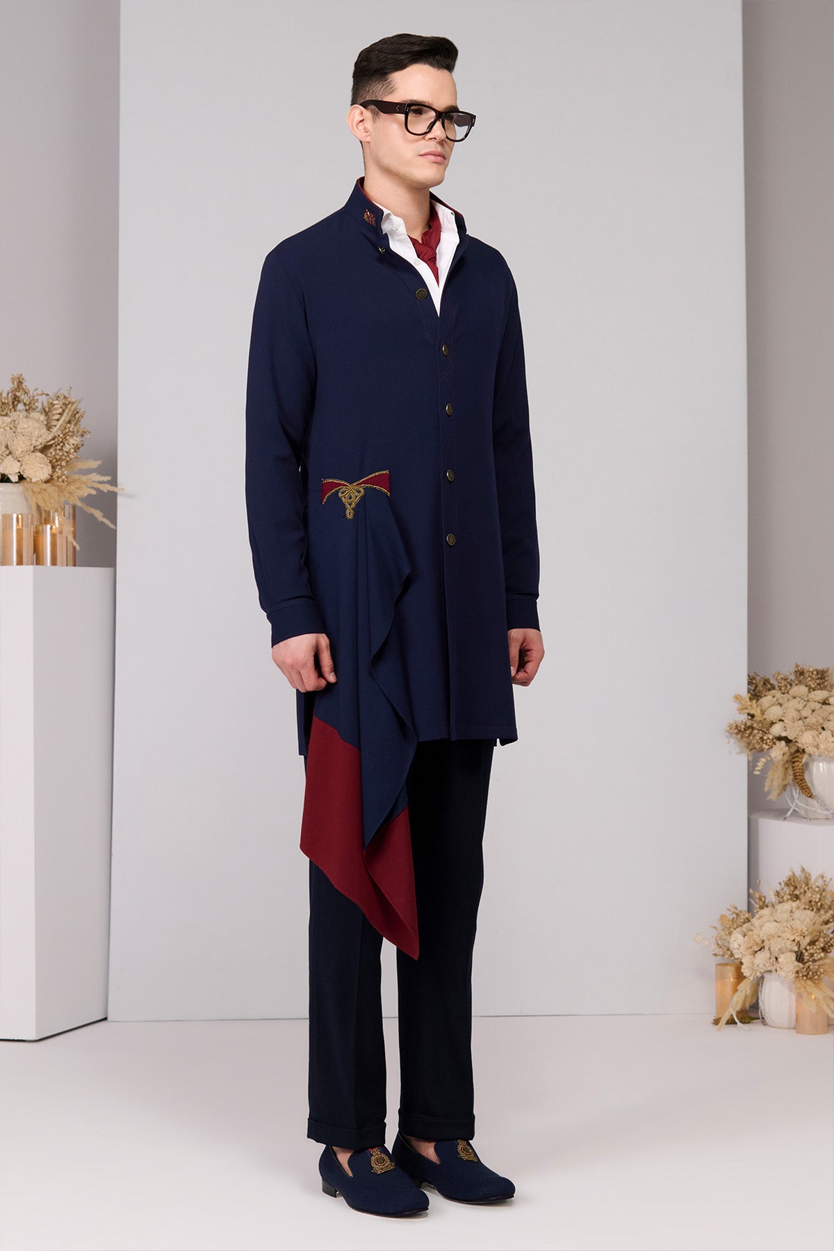 Shantanu & Nikhil Menswear Navy Neo-Draped Kurta indian designer wear online shopping melange singapore 