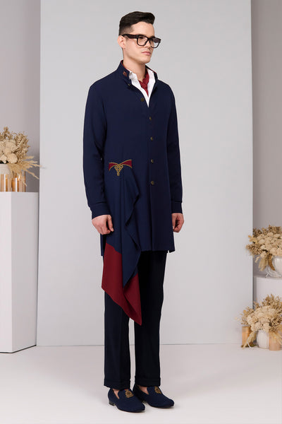 Shantanu & Nikhil Menswear Navy Neo-Draped Kurta indian designer wear online shopping melange singapore 