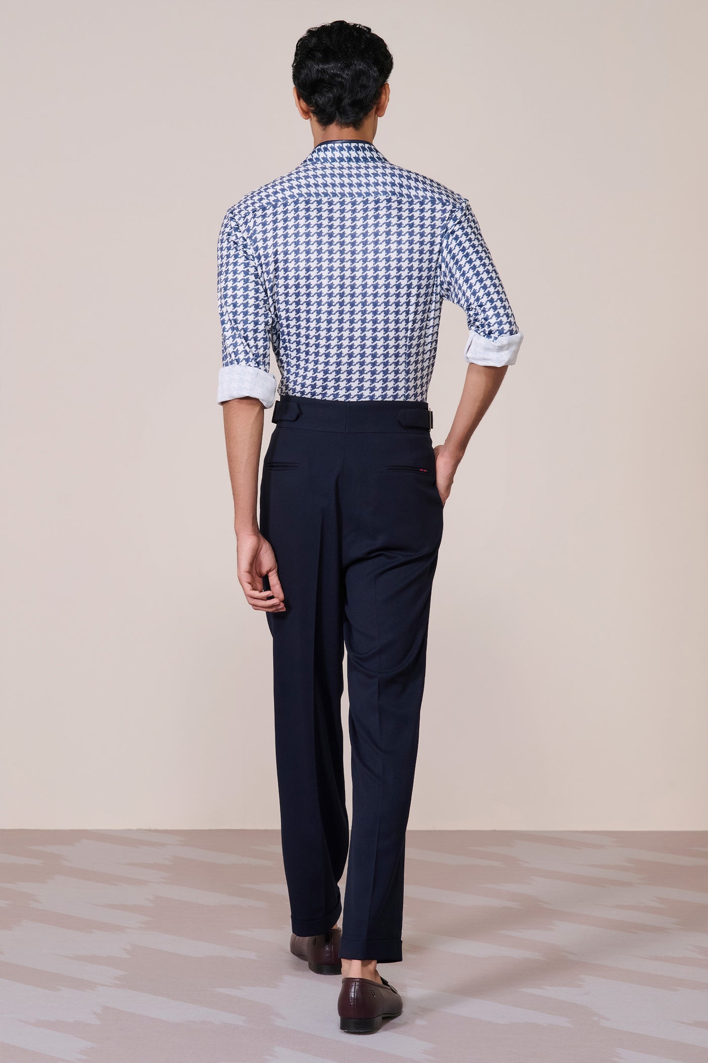 Shantanu & Nikhil Menswear Navy Offwhite Print Poly Jersey Shirt indian designer wear online shopping melange singapore