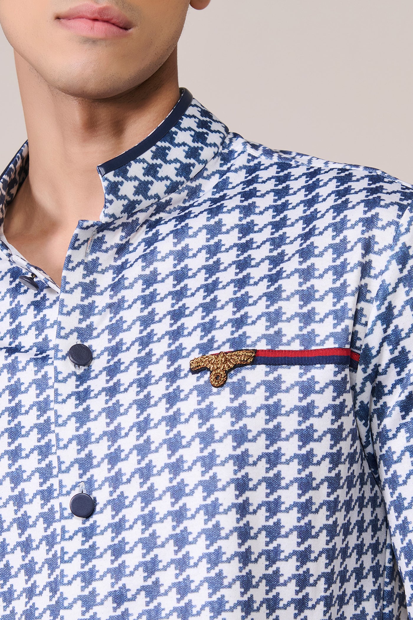 Shantanu & Nikhil Menswear Navy Offwhite Print Poly Jersey Shirt indian designer wear online shopping melange singapore