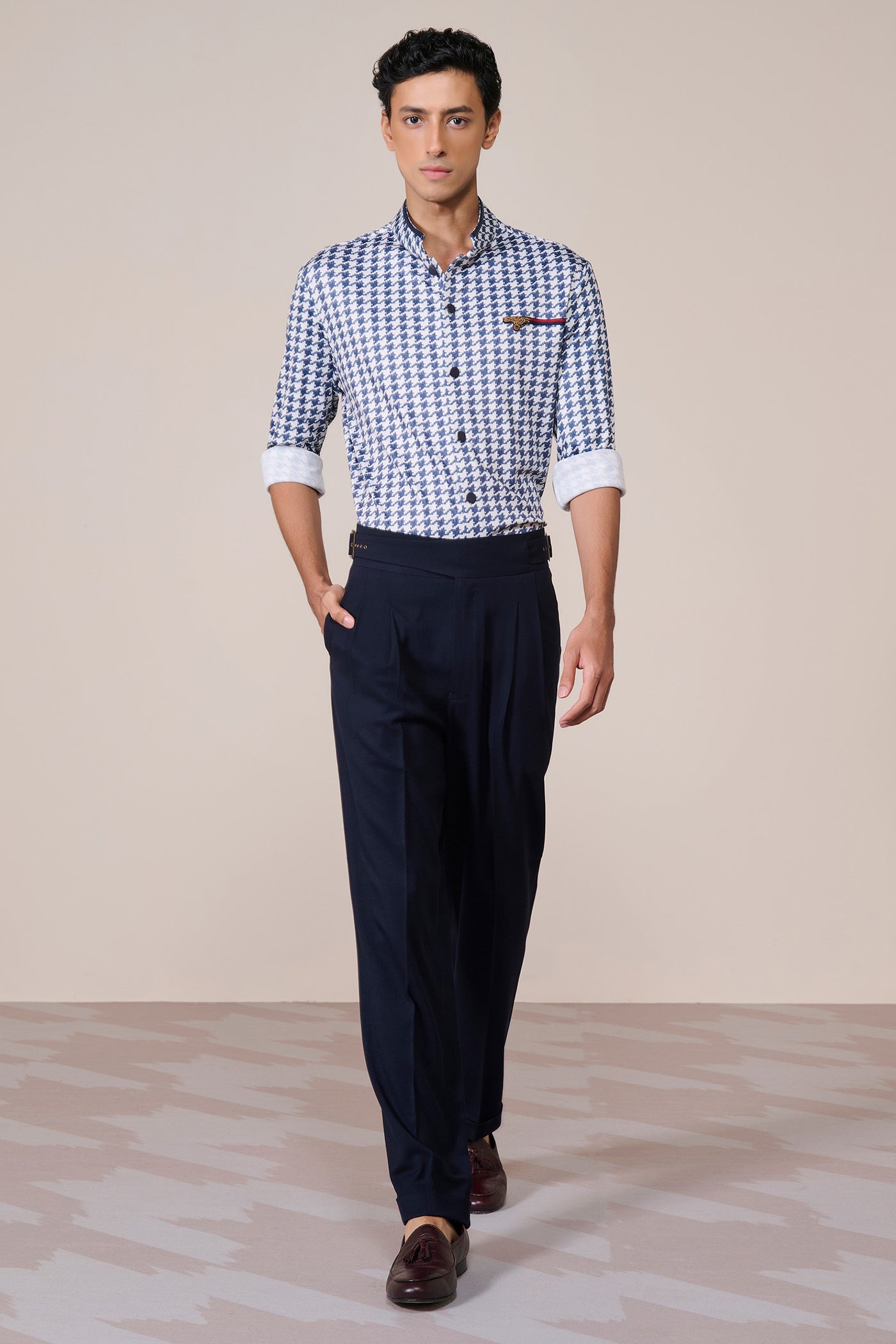 Shantanu & Nikhil Menswear Navy Offwhite Print Poly Jersey Shirt indian designer wear online shopping melange singapore