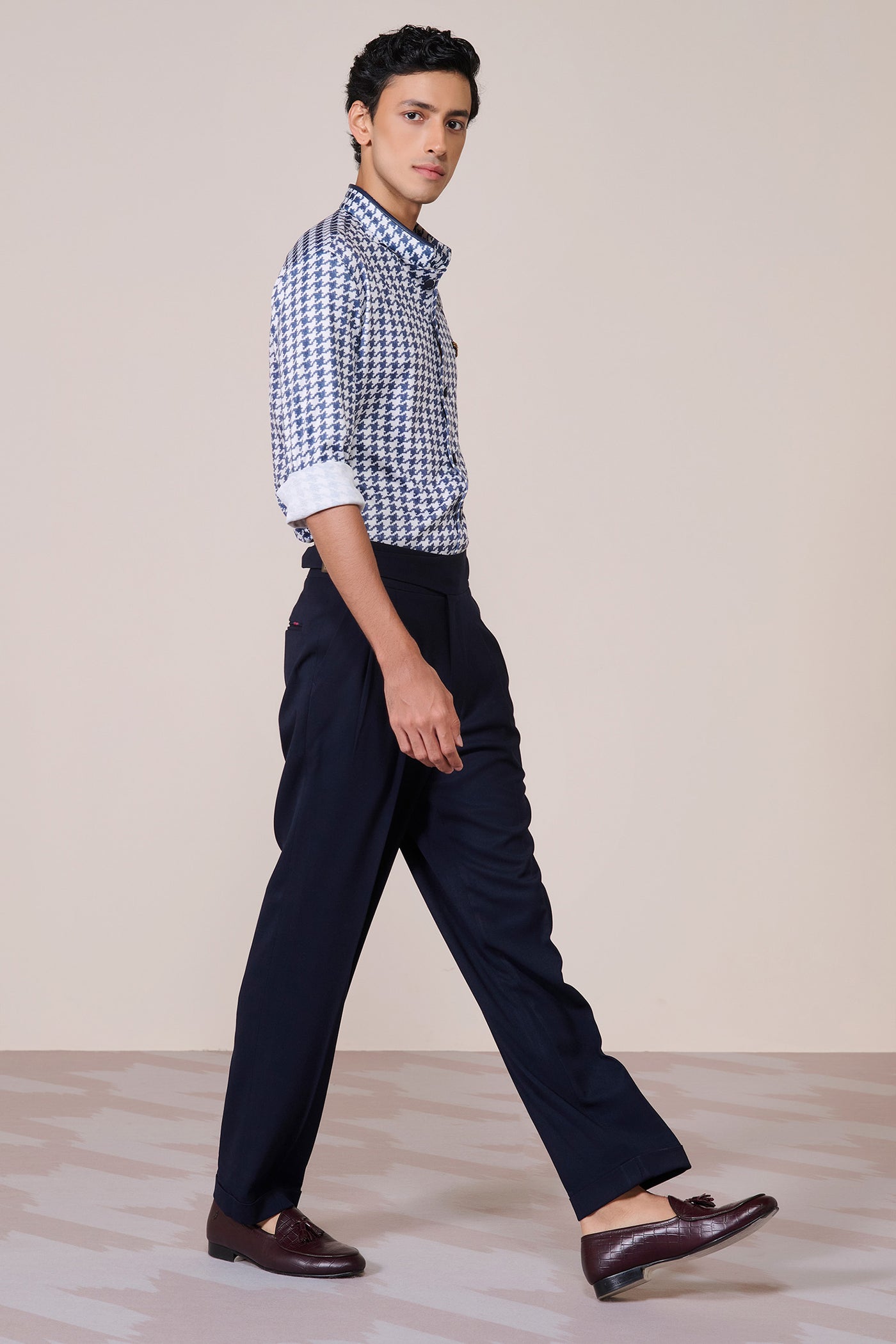 Shantanu & Nikhil Menswear Navy Offwhite Print Poly Jersey Shirt indian designer wear online shopping melange singapore