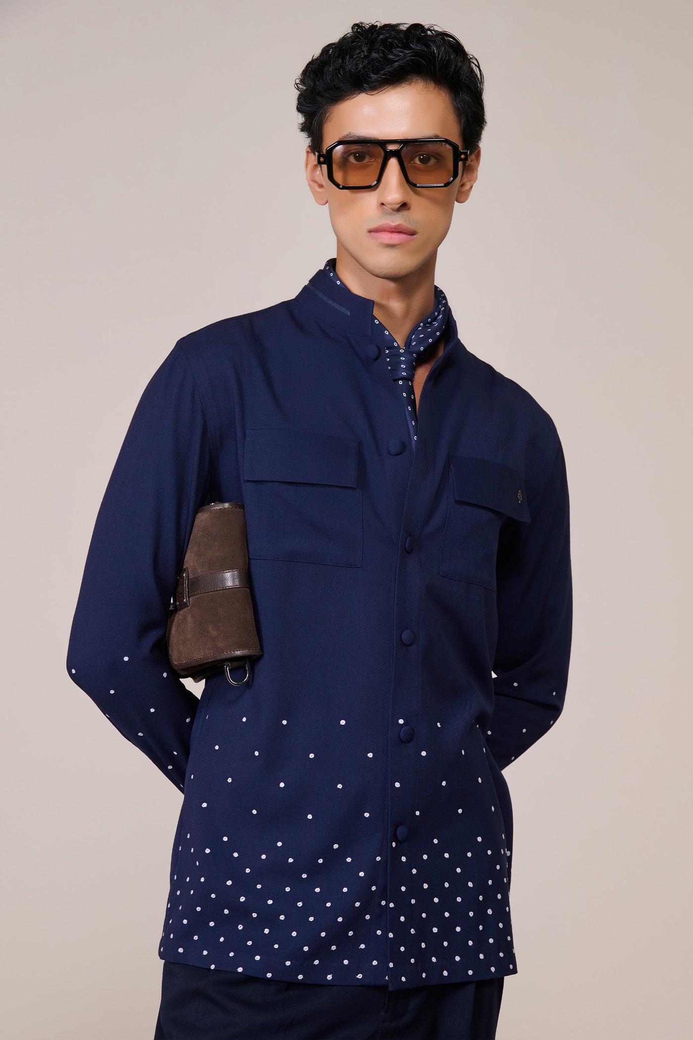 Shantanu & Nikhil Menswear Navy Patch Pocket Shirt indian designer wear online shopping melange singapore