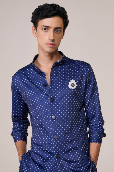 Shantanu & Nikhil Menswear Navy Print Poly Jersey Kurta indian designer wear online shopping melange singapore