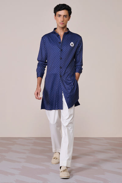 Shantanu & Nikhil Menswear Navy Print Poly Jersey Kurta indian designer wear online shopping melange singapore