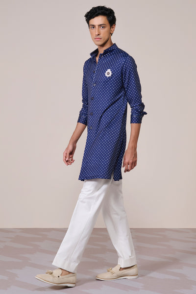 Shantanu & Nikhil Menswear Navy Print Poly Jersey Kurta indian designer wear online shopping melange singapore