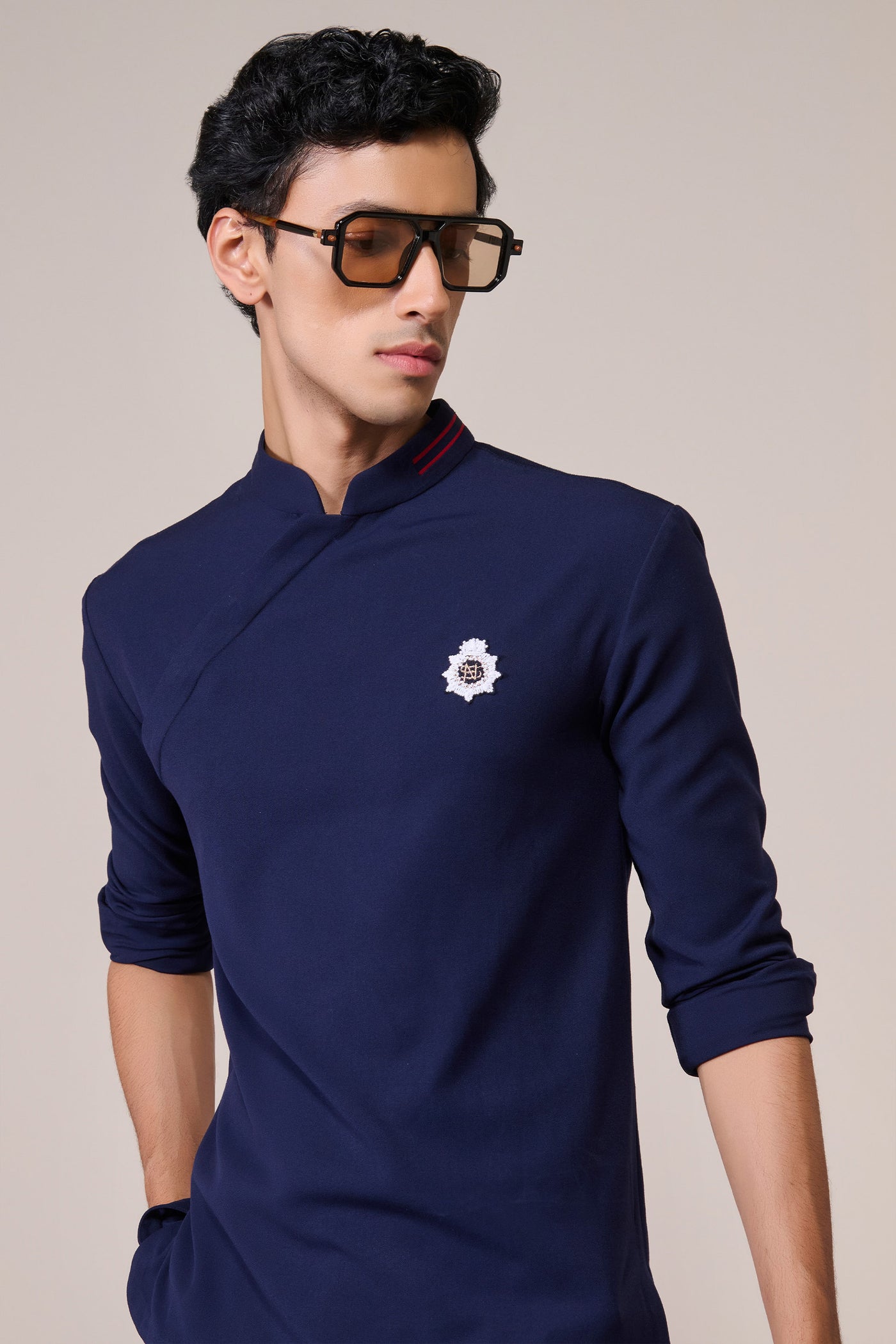 Shantanu & Nikhil Menswear Navy Rayon Draped Shirt indian designer wear online shopping melange singapore