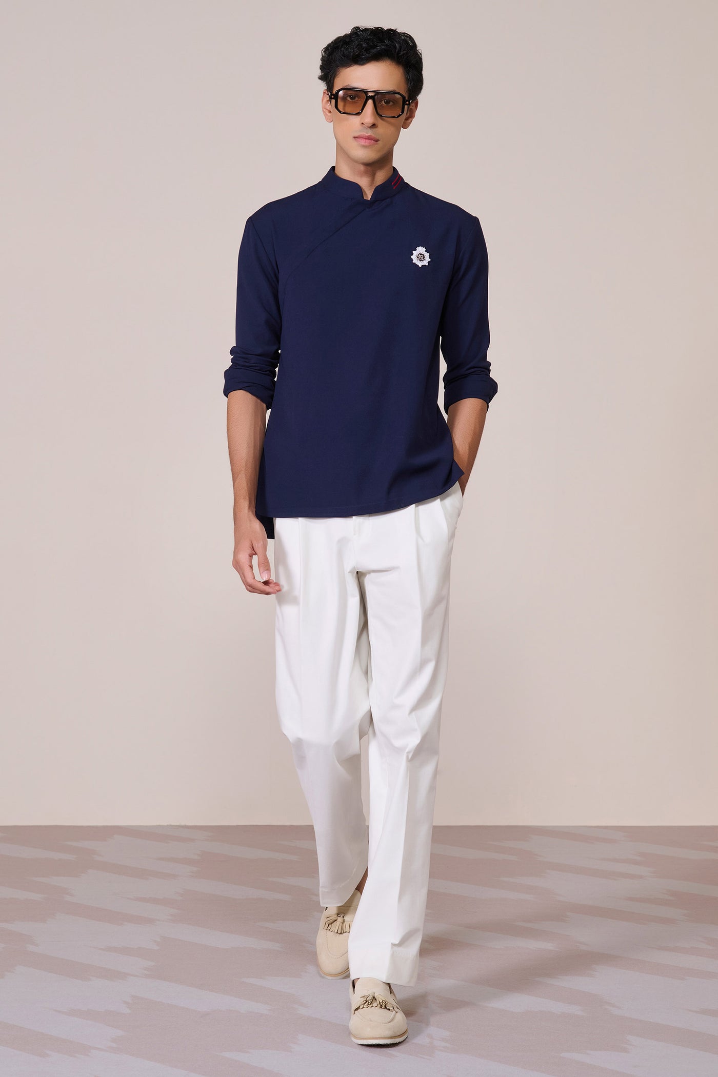 Shantanu & Nikhil Menswear Navy Rayon Draped Shirt indian designer wear online shopping melange singapore