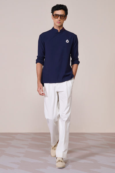 Shantanu & Nikhil Menswear Navy Rayon Draped Shirt indian designer wear online shopping melange singapore