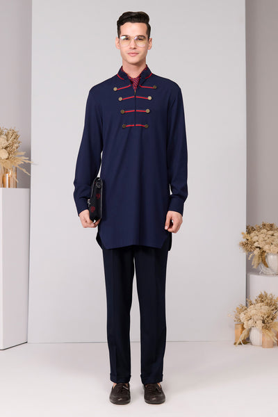 Shantanu & Nikhil Menswear Navy Signature Taping Kurta indian designer wear online shopping melange singapore 
