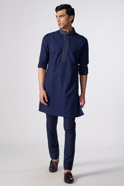 Shantanu & Nikhil Menswear Navy Slim Fit Kurta with Embroidered Kurta indian designer wear online shopping melange singapore