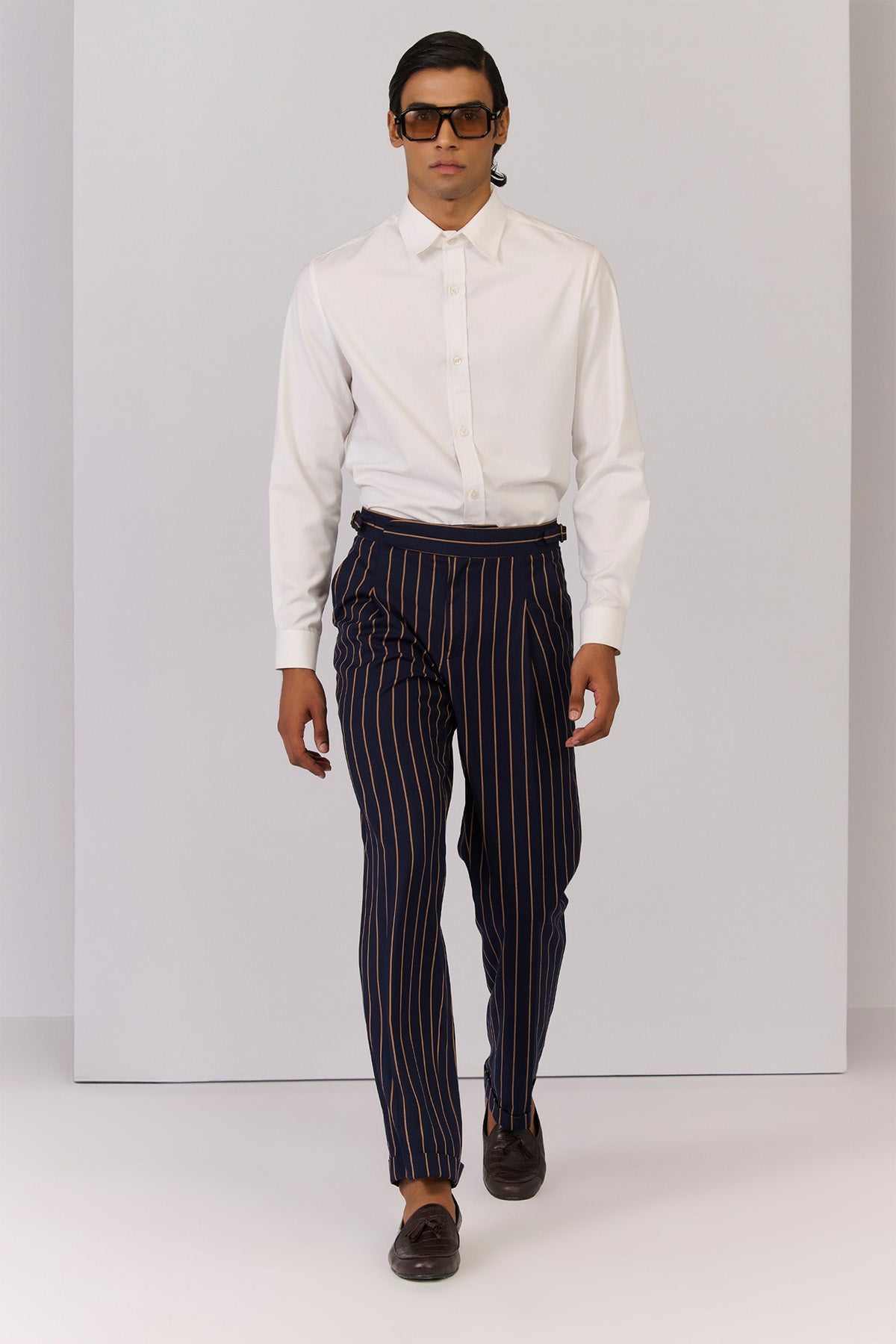 Shantanu & Nikhil Menswear Navy Stripe Printed Trousers indian designer wear online shopping melange singapore 