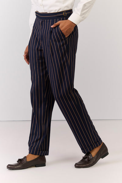 Shantanu & Nikhil Menswear Navy Stripe Printed Trousers indian designer wear online shopping melange singapore 