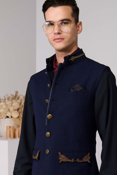 Shantanu & Nikhil Menswear Navy Textured Waistcoat indian designer wear online shopping melange singapore