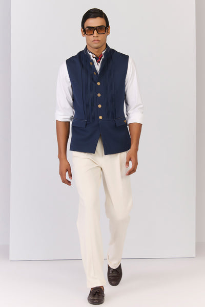 Shantanu & Nikhil Menswear Navy Waistcoat with Metallic Buttons indian designer wear online shopping melange singapore 