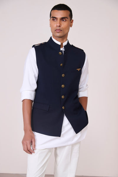 Shantanu & Nikhil Menswear Navy Waistcoat with Tape Flap Detail indian designer wear online shopping melange singapore