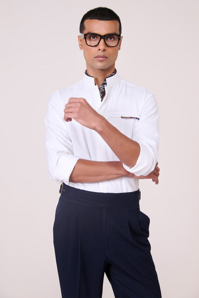 Shantanu & Nikhil Menswear Off-White Band Collar Shirt with Thread Detail indian designer wear online shopping melange singapore