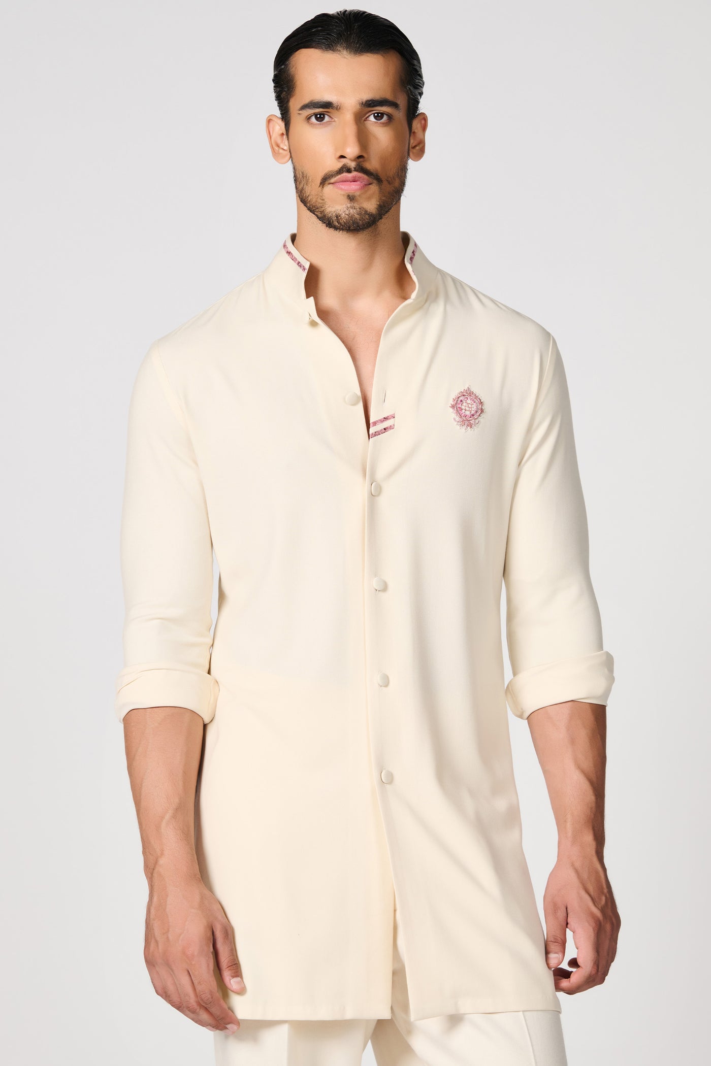 Shantanu & Nikhil Menswear Off-White Crested Shirt Kurta indian designer wear online shopping melange singapore