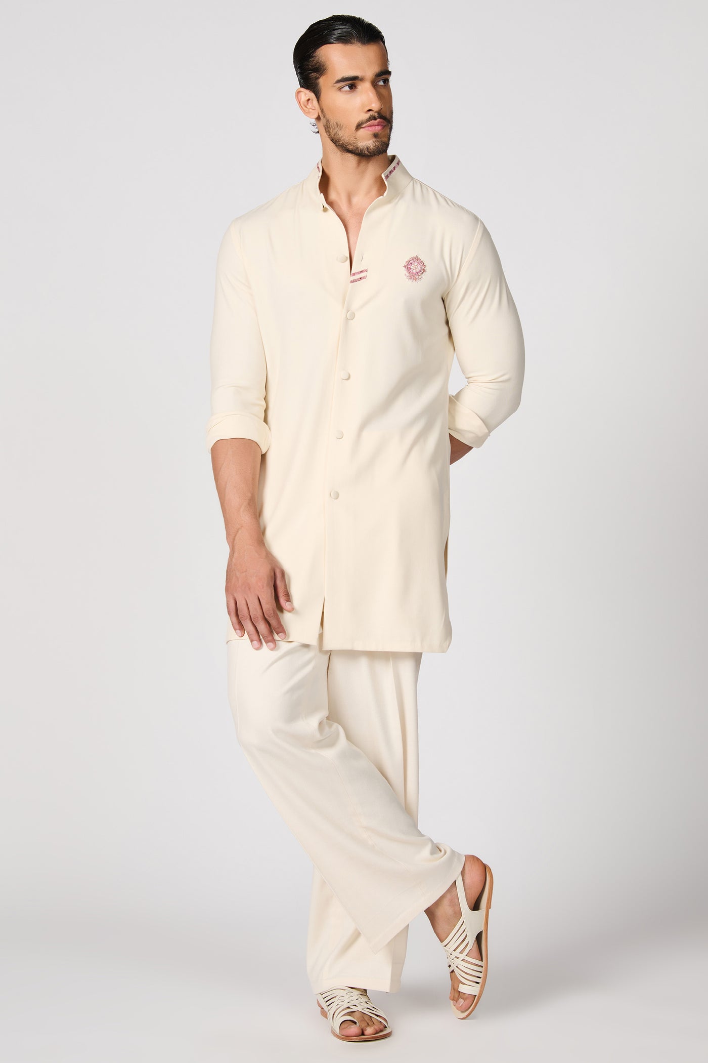 Shantanu & Nikhil Menswear Off-White Crested Shirt Kurta indian designer wear online shopping melange singapore