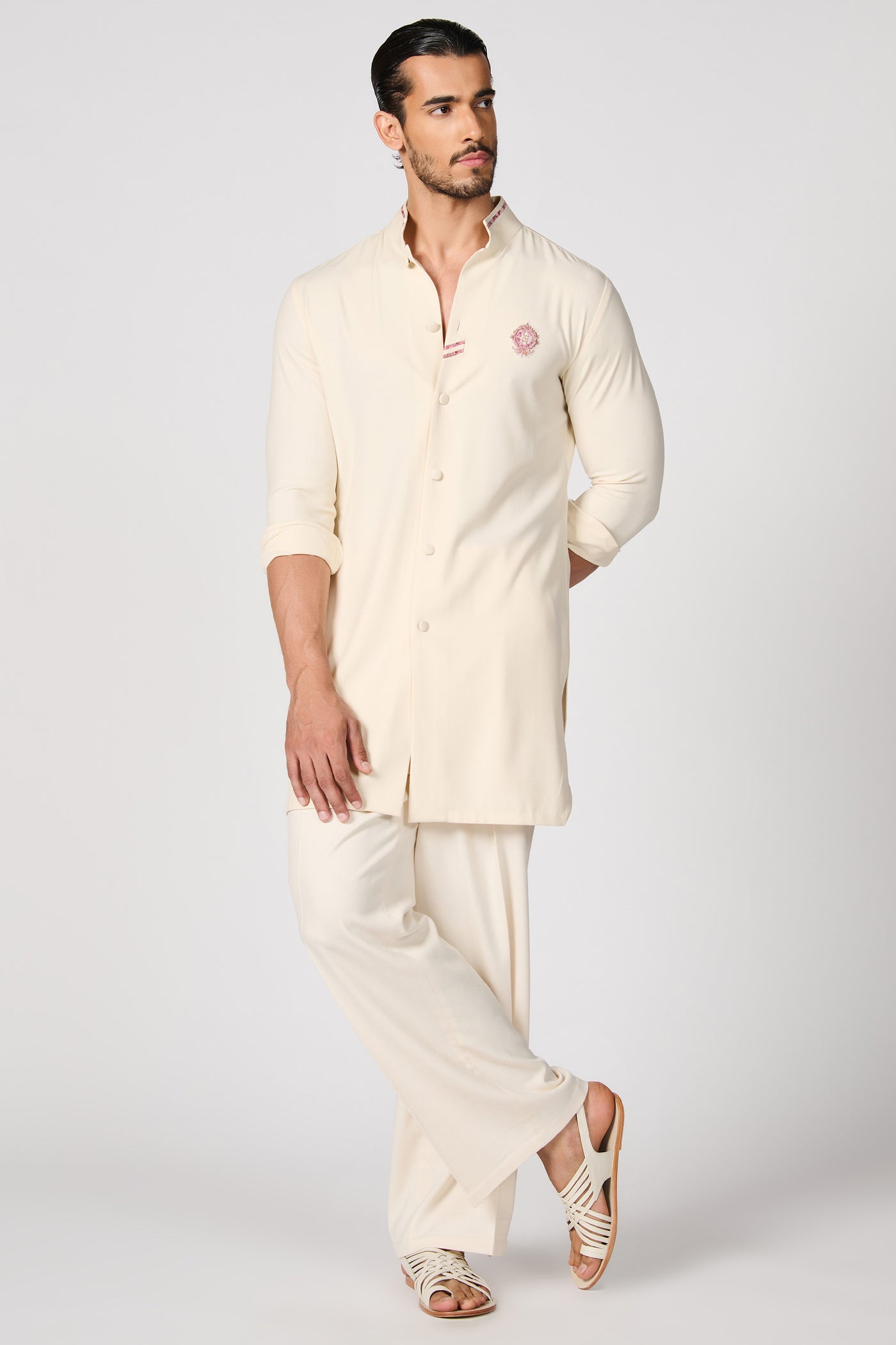 Shantanu & Nikhil Menswear Off-White Crested Shirt Kurta indian designer wear online shopping melange singapore
