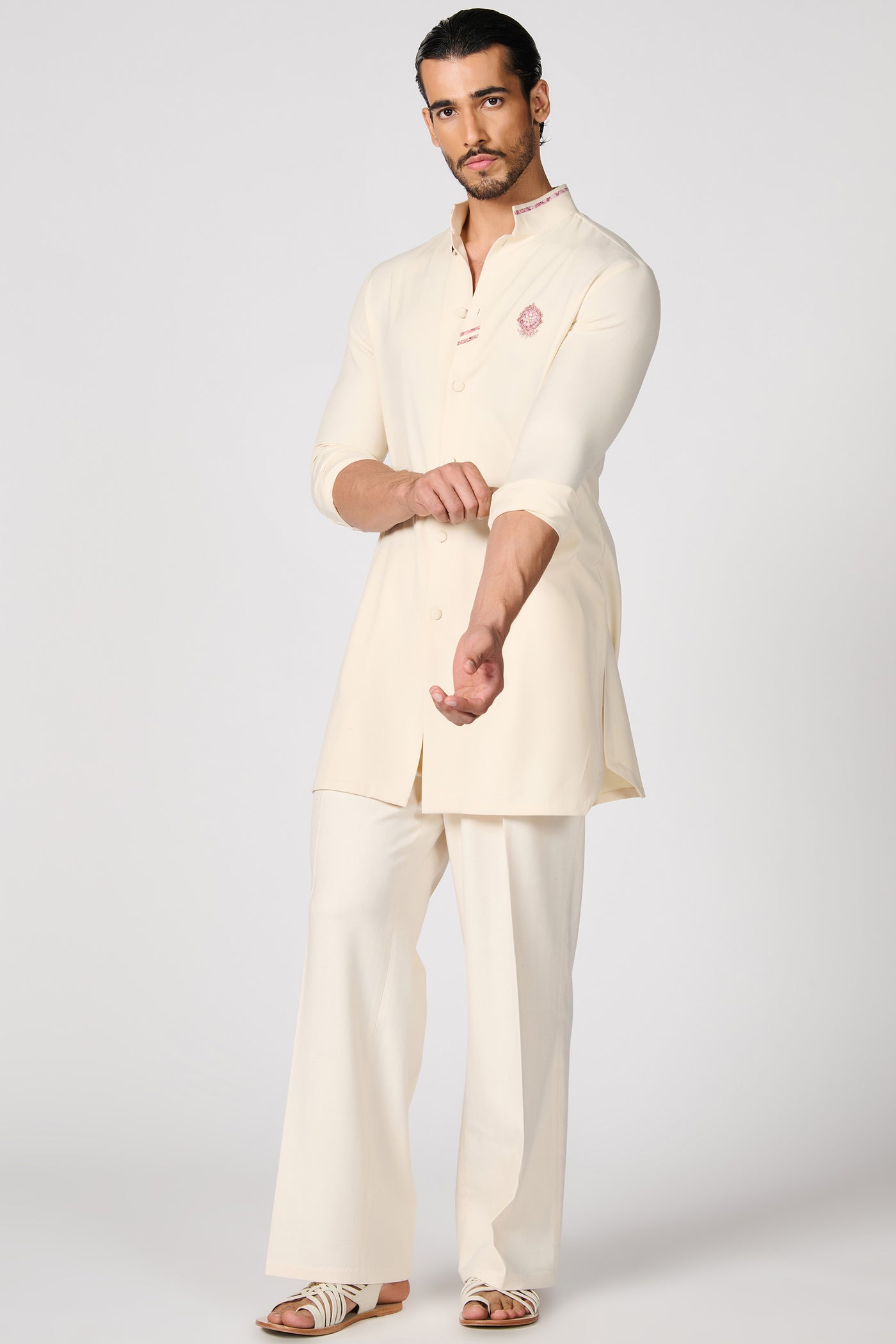 Shantanu & Nikhil Menswear Off-White Crested Shirt Kurta indian designer wear online shopping melange singapore