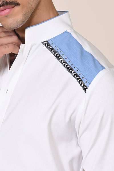 Shantanu & Nikhil Menswear Off-White Shirt with Engraved Panel indian designer wear online shopping melange singapore