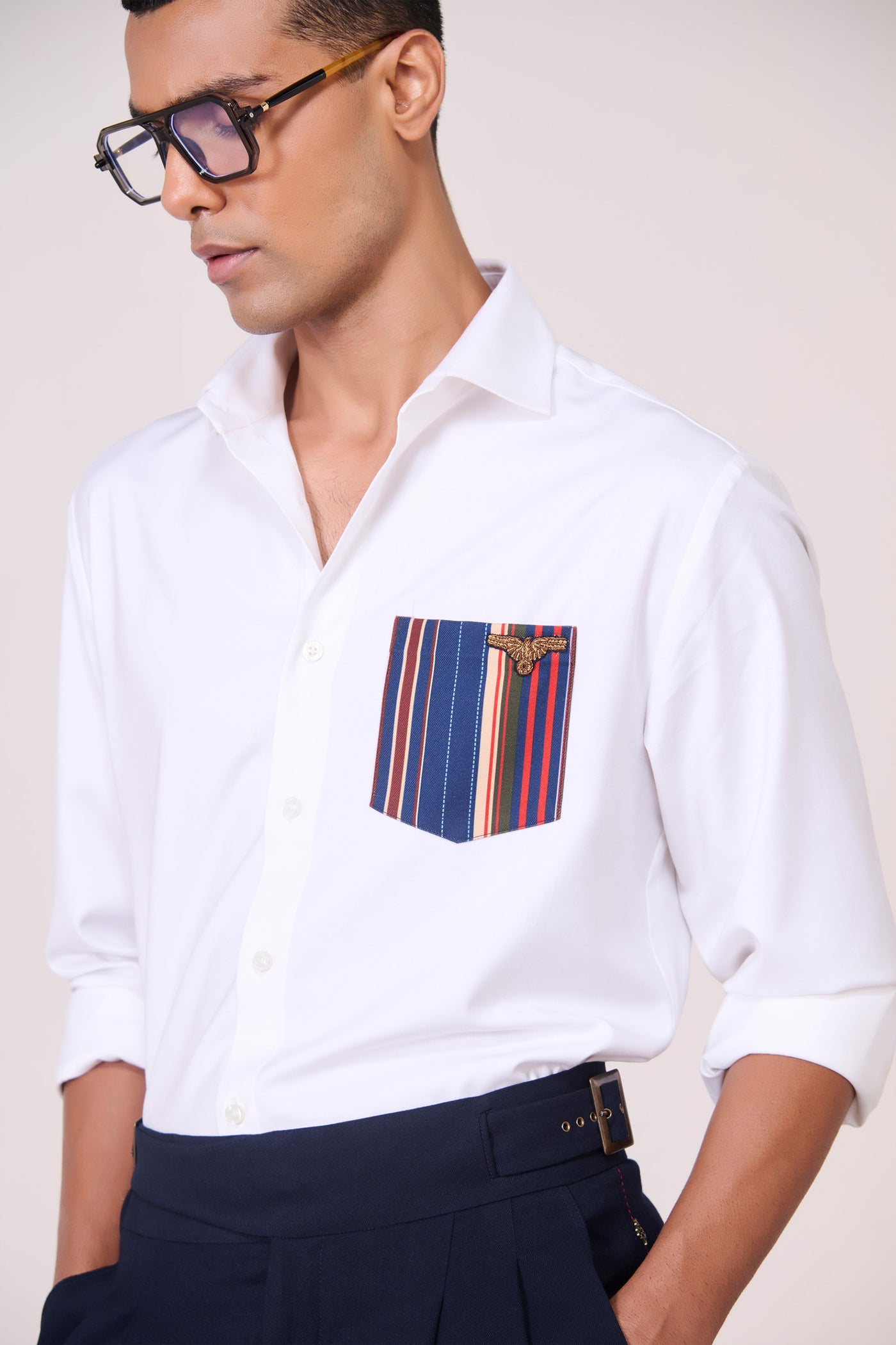 Shantanu & Nikhil Menswear Off-White Shirt with Printed Pocket indian designer wear online shopping melange singapore