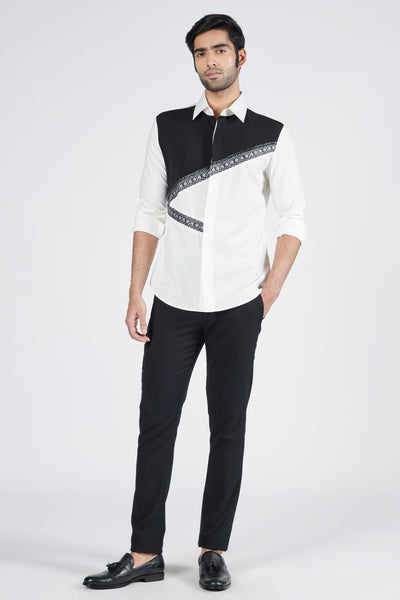 Shantanu & Nikhil Menswear Off White Colourblock Shirt with Printed Panel indian designer wear online shopping melange singapore