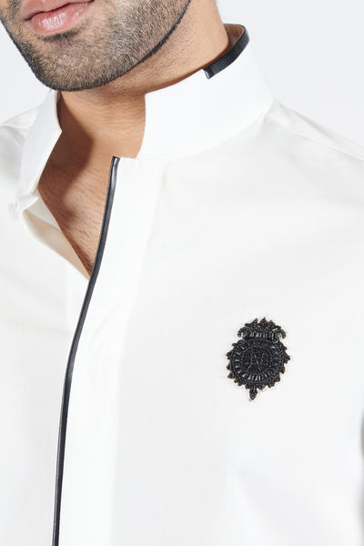 Shantanu & Nikhil Menswear Off White Shirt with Faux Leather Detailing indian designer wear online shopping melange singapore