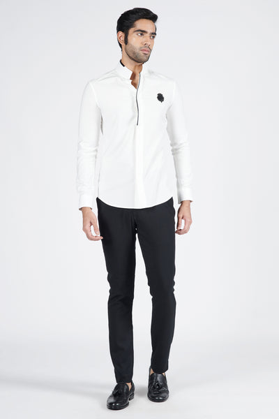 Shantanu & Nikhil Menswear Off White Shirt with Faux Leather Detailing indian designer wear online shopping melange singapore