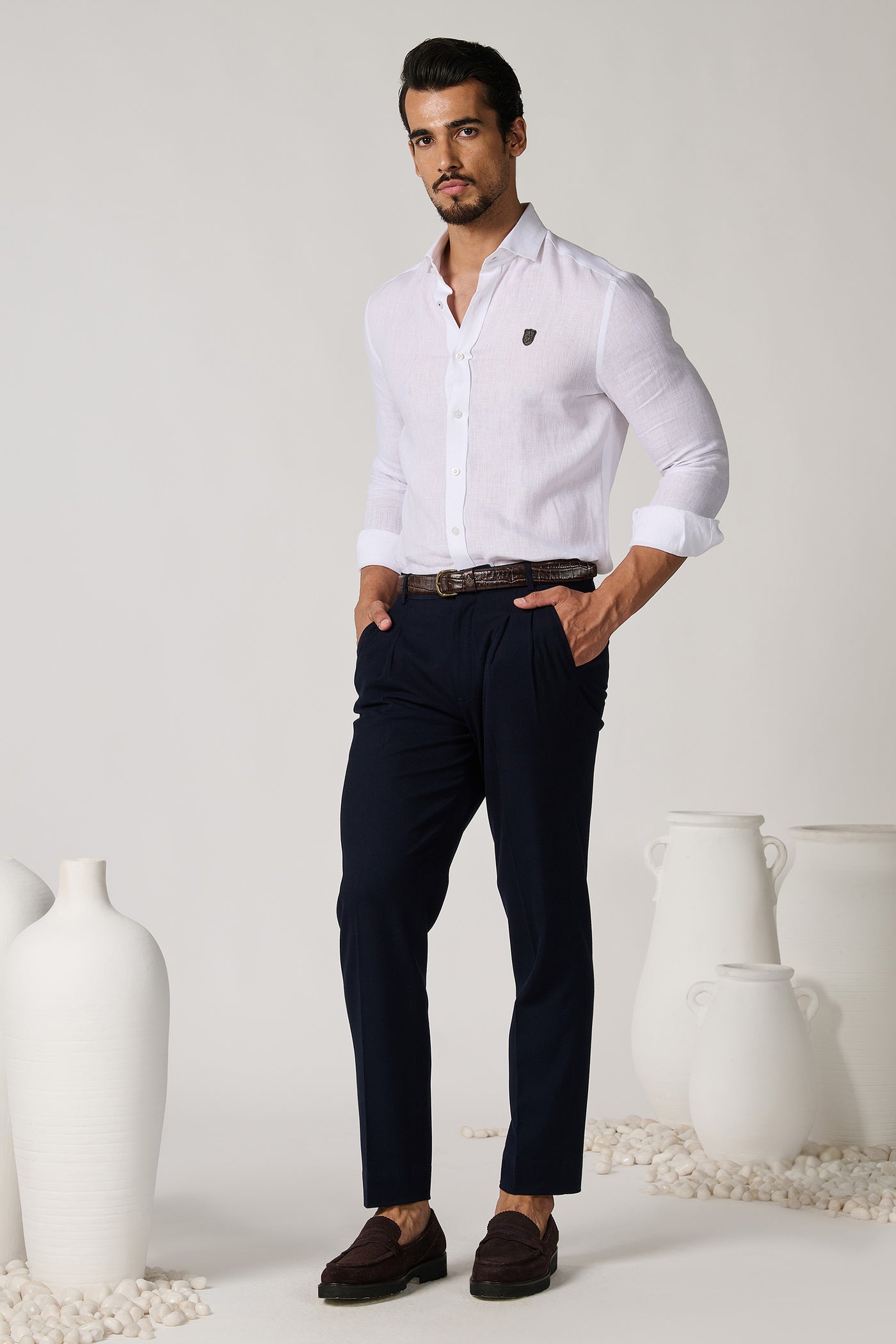 Shantanu & Nikhil Menswear Off White Linen Shirt indian designer wear online shopping melange singapore