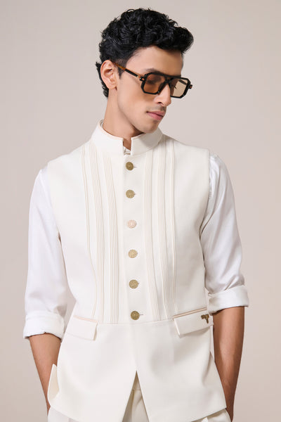 Shantanu & Nikhil Menswear Off white Waistcoat with Metallic Buttons indian designer wear online shopping melange singapore

