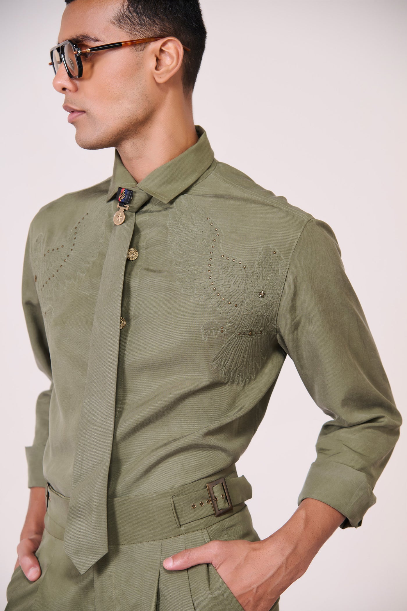 Shantanu & Nikhil Menswear Olive Embroidered Shirt indian designer wear online shopping melange singapore