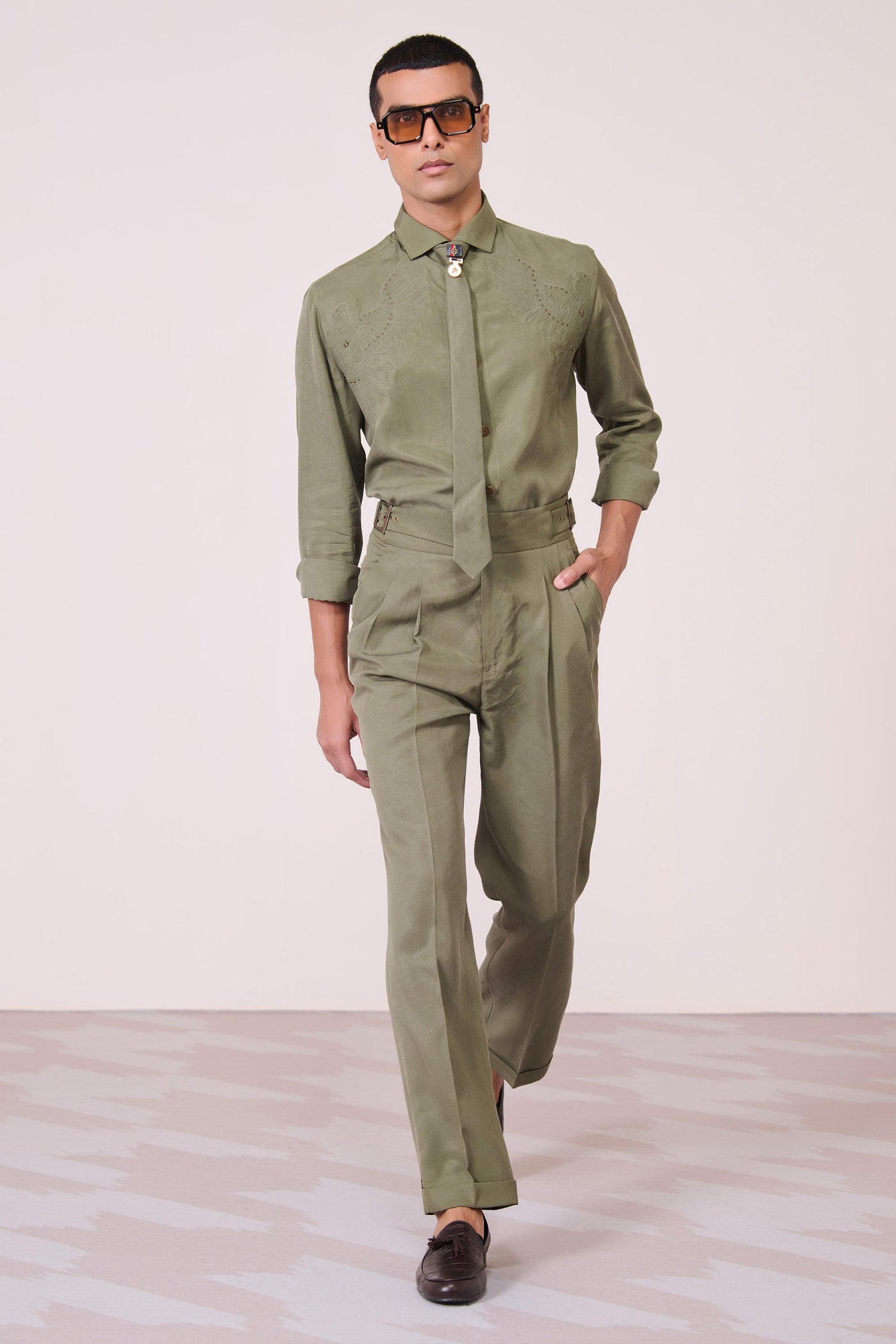 Shantanu & Nikhil Menswear Olive Embroidered Shirt indian designer wear online shopping melange singapore