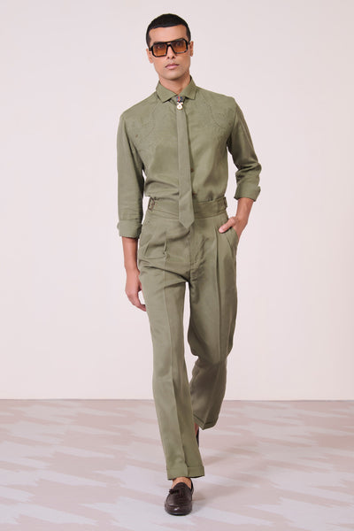 Shantanu & Nikhil Menswear Olive Embroidered Shirt indian designer wear online shopping melange singapore